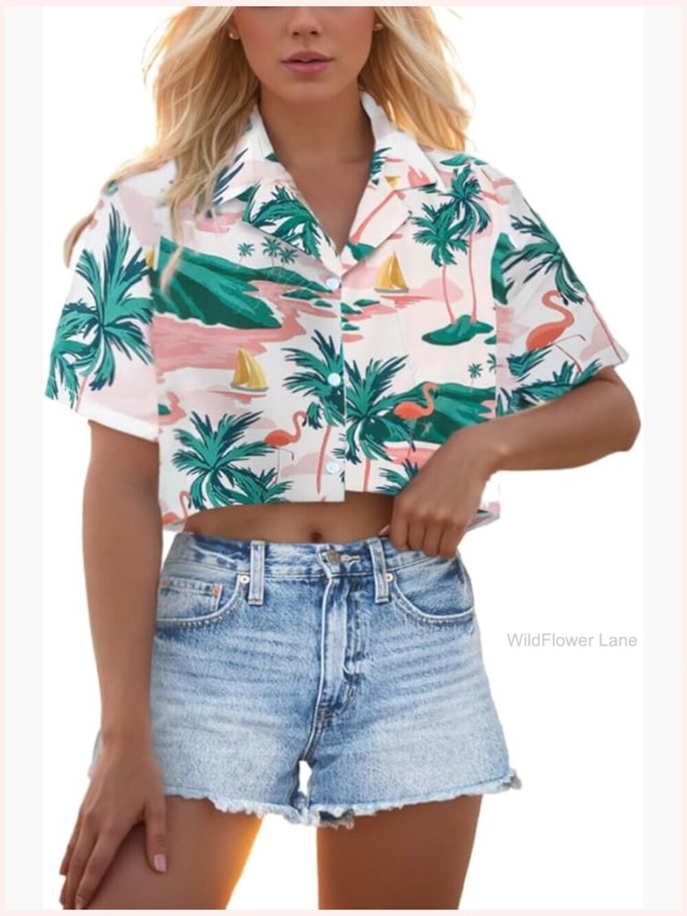 Cropped Button Down Shirt With Tropical Print Short Sleeve V-Neck Blouse Summer